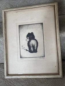Seltene Vintage OLIVENFALL 1930er HANDGEDRUCKTE & SIGNIERTE RADIERUNG "HUH!" Gerahmter Bär - Bild 1 von 9