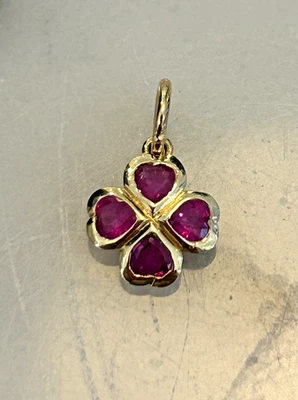 14 Karat Gold Art Deco Ruby mini four leaf clover charm, 14k chains available  - Image 1 of 4