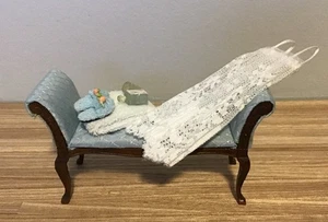 Dollhouse Miniature Bedroom Walnut Settee Blue Satin Fabric w/ Accessories - Picture 1 of 8