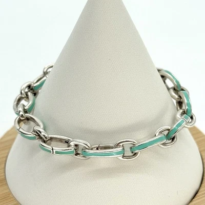 Tiffany & Co. Sterling Silver Blue Enamel Oval Link Clasping Charm Bracelet 7.5” - Image 1 of 4