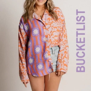 Camisa Bucket List Grande Abotonada Retro Estampado Floral L/s Naranja y Púrpura L - Imagen 1 de 8