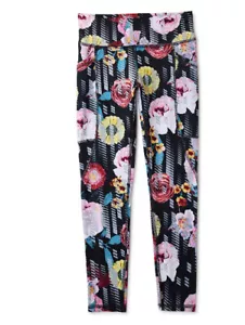 ATHLETIC WORKS Girl's XS 4-5 LEGGINGS Floral on Black STRETCH Pull-On - Picture 1 of 4