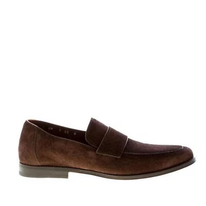 SANTONI men shoes Dark brown fine suede loafer with a front bridge strap - Bild 1 von 8