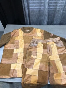 Davoucci Patchwork outfit Leather Sweater 2XL Brown With Pants Mens 32x32 - Picture 1 of 23