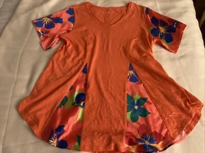 Soft Surroundings Bird Of Paradise Hot Coral Multi Tunic Top Short Sleeves Sz L - Picture 1 of 11