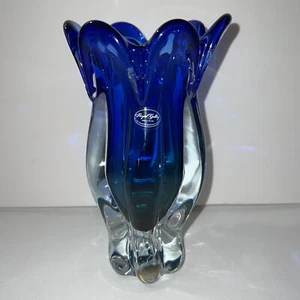 Vintage Royal Gallery Blue Green Crystal Vase 9.5"x5" Poland With Sticker - Picture 1 of 4