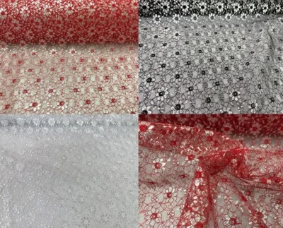 44"MESH LACE SILVER FLORAL EMBROIDERED FABRIC CRAFT DECOR TABLECLOTH WEDDING BTY - Image 1 of 4