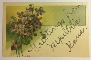 Postal antigua Republic, Kansas Greetings flores brillantes en relieve años 1910 - Imagen 1 de 2