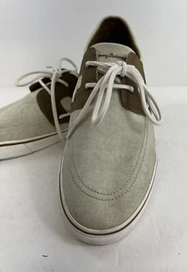 Tommy Bahama Sandrino Canvas Leather LaceBoat Shoe Casual Khaki Brown Men SZ 13D - Picture 1 of 12