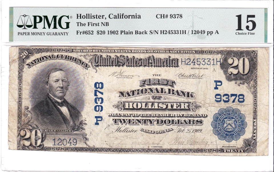 $20 1902 PB National HOLLISTER California CA 🇺🇸 Extremely Rare 🇺🇸 - Image 1 of 2