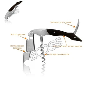 Corkscrew Wine Bottle Opener Waiters Key Wood Double Hinged W/ Foil Cutter Steel - Picture 1 of 6