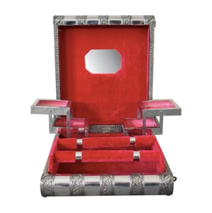 Vintage X-LARGE Silver Embossed Jewellery Box with ROSE RED Cotton Velvet - Picture 1 of 11