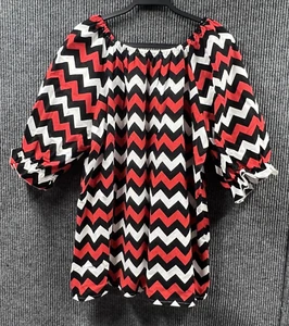 Lolly Wolly Doodle Blouse Womens 2X Red White Black Zig Zag Tunic Top 3/4 Sleeve - Picture 1 of 9