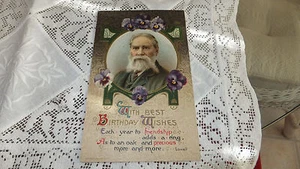 Antique Rare Birthday Post Card embossed violets gold man Lowell John Winch - Picture 1 of 3