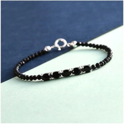 Brazalete de espinela negro natural genuino en plata esterlina 925 15,12 quilates - talla 7,5 Foto 1 de 4