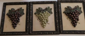 BEAUTIFUL Set Of 3 RESIN GRAPES WALL DECOR ACCENTS In Frames MCM - Picture 1 of 6