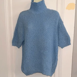 Vintage 80s Damon Light Blue Turtleneck Neck Short Sleeve Boucle Cotton Sweater - Picture 1 of 8
