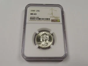 1949 NGC MS 63 WASHINGTON QUARTER 90 PERCENT SILVER COIN 25 CENT - Picture 1 of 6