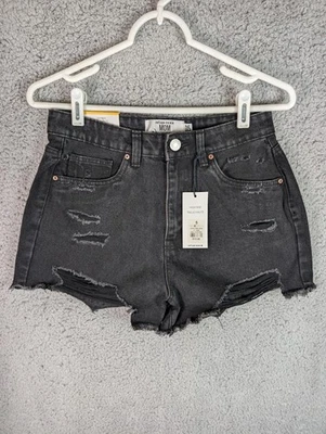 Pantalones cortos de mezclilla Refuge para mujer 5 negros tiro alto mamá desgastado dobladillo deshilachado cortado Foto 1 de 4