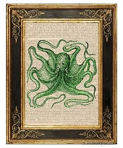 Pulpo verde #7 impresión artística en página de libro vintage regalos mar océano tentáculos decoración - Imagen 1 de 3