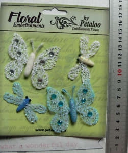 Glitter BUTTERFLY & Rhinestones 55x57mm & DRAGONFLY 25x55mm White & Lt Blue 4PkJ