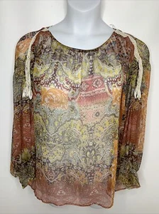 Zara Women's L Large Chiffon Sheer Floral Paisley Long Sleeve Macrame Blouse - Picture 1 of 12
