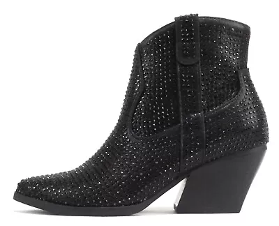 Soda Ankle Low Boots Rhinestone Bling Western Cowboy Booties Zipper BREW-S Black - Image 1 of 4