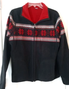 Laura Scott Women's Coat L Black Floral Fleece Long Sleeve Reversible to Red - Picture 1 of 11