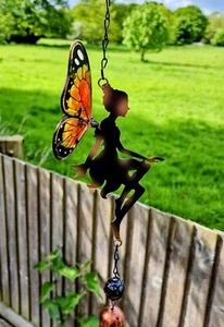 Carillon cloche de fée suspendue orange avec ailes en verre - Photo 1 sur 2