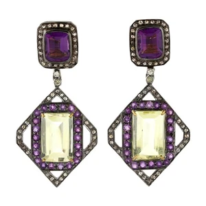 Art Deco Amethyst Lemon Quartz Earrings Oxidized Silver Diamond Dangle Jewelry - Picture 1 of 7
