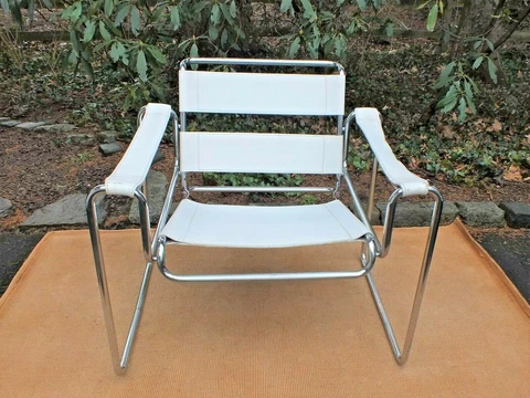Mid Century Modern Vintage Wassily Chair Marcel Breuer Design w White Leather Cover