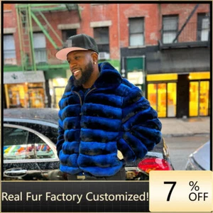 Blue Mens Real Rex Rabbit Fur Bomber Jackets New Chinchilla Coats Zipper Closure - Picture 1 of 7