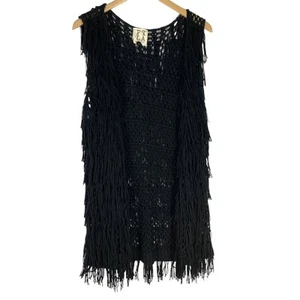 PqLA Clothing Flounder Y2K Crochet Fringe Cardigan Vest Women L Black Whimsigoth - Picture 1 of 6