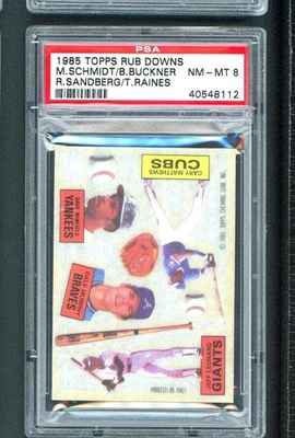 1985 Topps Rub Downs M.Schmidt/B.Buckner/R.Sandberg/T.Raines PSA 8 ERROR? Foto 1 de 2