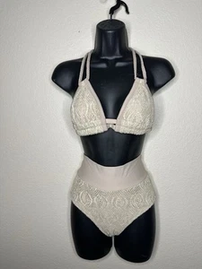 Montce Nude Beige Lace 2 pc Bikini Top Celeste Bikini Bottom Sz M Gorgeous - Picture 1 of 12