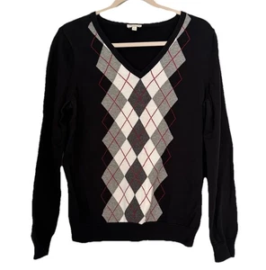 Suéter de algodón para mujer TALBOTS Argyle manga larga negro rojo gris grande - Imagen 1 de 7