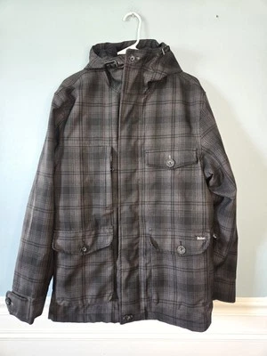 Abrigo Parka Woolrich Para Hombres A Cuadros Negro Gris Con Capucha Cremallera Talla Mediana Chaqueta Foto 1 de 4
