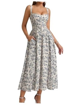  Vestido Corsé Floral Midi Fluido Abertura Verano Primavera Boda Pequeño Azulfloral Foto 1 de 4