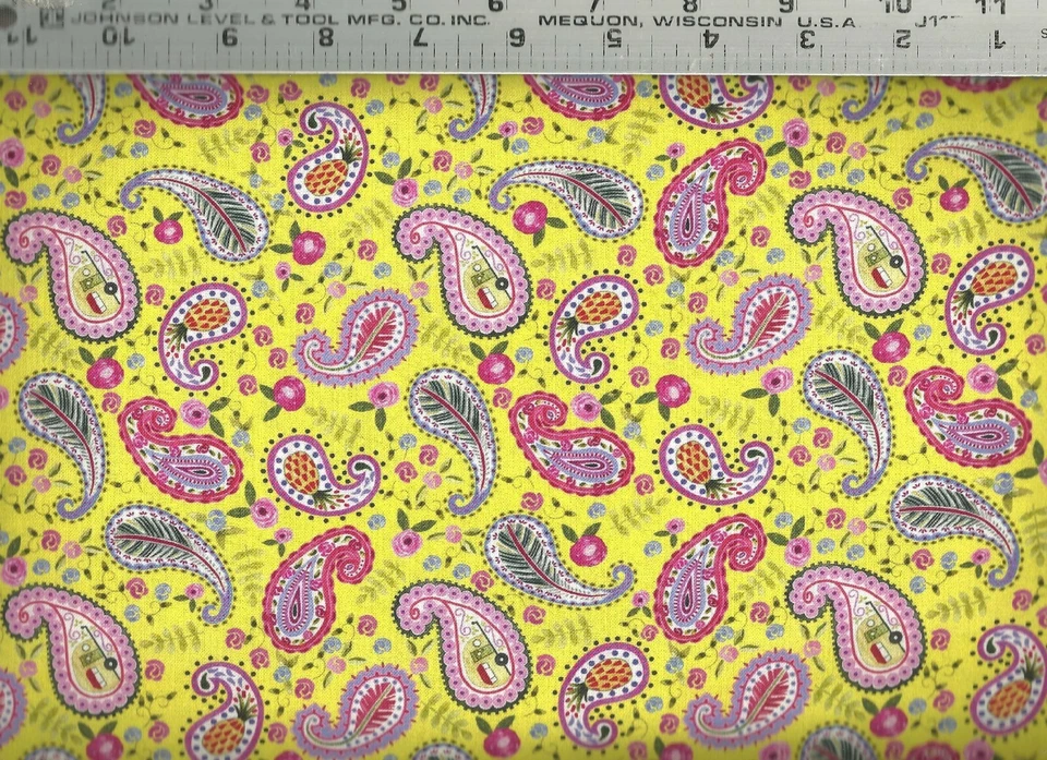 Quilting Treasures  Purple & Pink Paisley on Yellow 100% Cotton Quilt Fabric BTY - Image 1 of 1
