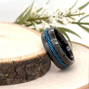 8mm Black Tungsten Engagement Band blue Rope Inlay Center Stepped Edges Ring - Picture 1 of 4