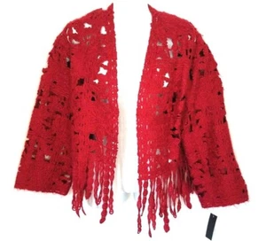 Josie Natori Red Mohair Blend Felted Geometric Art Fringed Open Front Jacket NWT - Picture 1 of 7