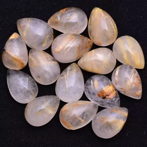 15 Pcs Natural Rutile Quartz 12mm*8mm Pear Cabochon Untreated Loose Gemstones - Picture 1 of 4