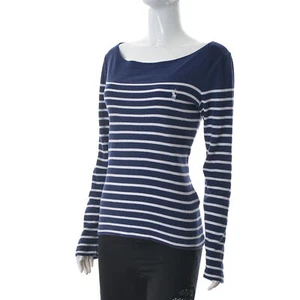 Ralph Lauren Women Long Sleeve T-Shirt Top Medium M Stripe Blue White Boat Neck - Picture 1 of 7