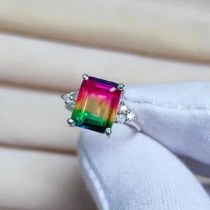 Watermelon Tourmaline Bi Color Stone Ring 925 Sterling Silver Tourmaline Ring - Picture 1 of 9