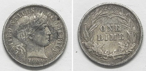 X4006 1904 Barber Dime 10c, XF/AU Cover