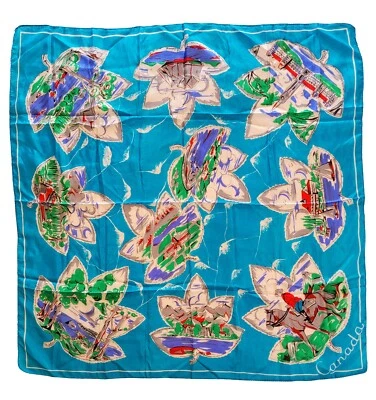 Vintage 1950s SILK SCARF Souvenir CANADA 10 Provinces on MAPLE LEAVES 35" Sq - Image 1 of 4