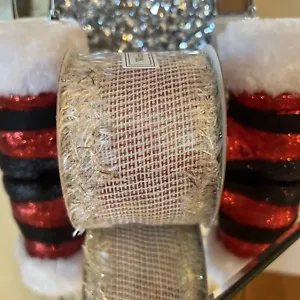 Cream & Red Glitter Frayed Wired Edge Mesh 18 feet Christmas New - Picture 1 of 3