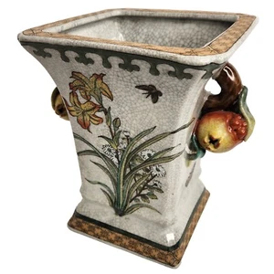 Ceramic Vase Planter with 3D Pomegranate Handles & Painted Flowers & Butterflies - Picture 1 of 13