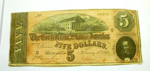 1864 $5 Confederate States of America Note Crisp - Picture 1 of 2