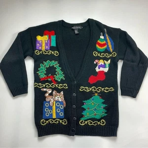 Vintage Christmas Cardigan Sweater Black Festive Holiday Cat Colorful Embroidery - Picture 1 of 13